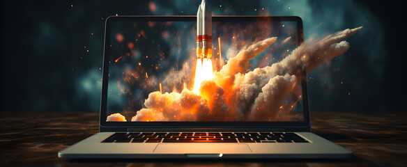 startup concept, rocket taking off from laptop screen on black background with copy space, - obrazy, fototapety, plakaty