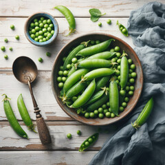 Fresh green peas in bowl with pods and leaves on white wooden table, healthy green vegetable or legume