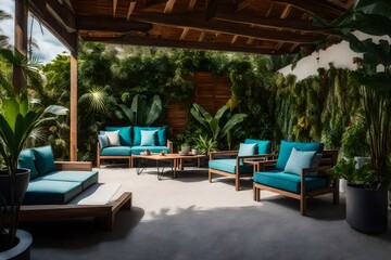 an outdoor living room set of two chairs, two couches, and a small planter with a tropical looking...