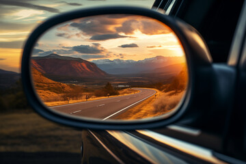 a zoomed or close-up image of a car front mirror with a beautiful view of Landscapes