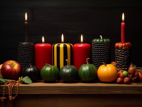 Kwanzaa holiday concept with decorate seven candles, red, black and green, gift box, pumpkin, corn and fruit on wooden table and background, AI generator