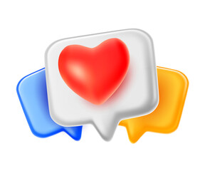 Vector love illustration of speech bubble with red color heart on white background. 3d style design of speech bubble with heart