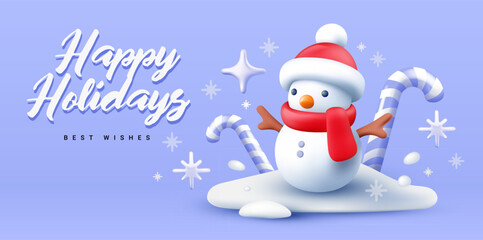 Vector christmas illustration of snowman with red hat and scarf on color background with sugar cane and snow. 3d style holiday design of decorative winter snowman with text