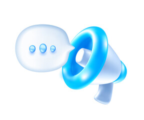 Vector illustration of blue and white color megaphone with speech bubble on white background. 3d style design of megaphone. Marketing symbol