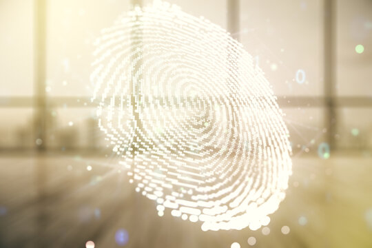 Abstract virtual fingerprint illustration on modern interior background, personal biometric data concept. Multiexposure