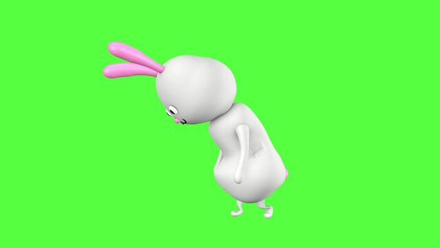3D character of a cute sad rabbit  walking on a green screen background. 3D animation.