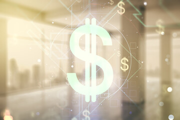 Double exposure of virtual USD symbols hologram on empty modern office background. Banking and investing concept