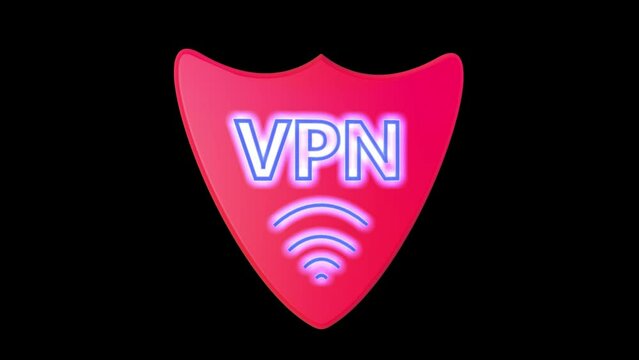 3D animation of a red VPN icon on a black background. The concept of safe Internet use and confidentiality of personal data.