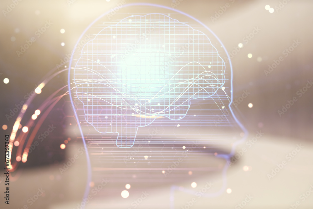 Aufkleber double exposure of creative human head microcircuit hologram on empty room interior background. futu