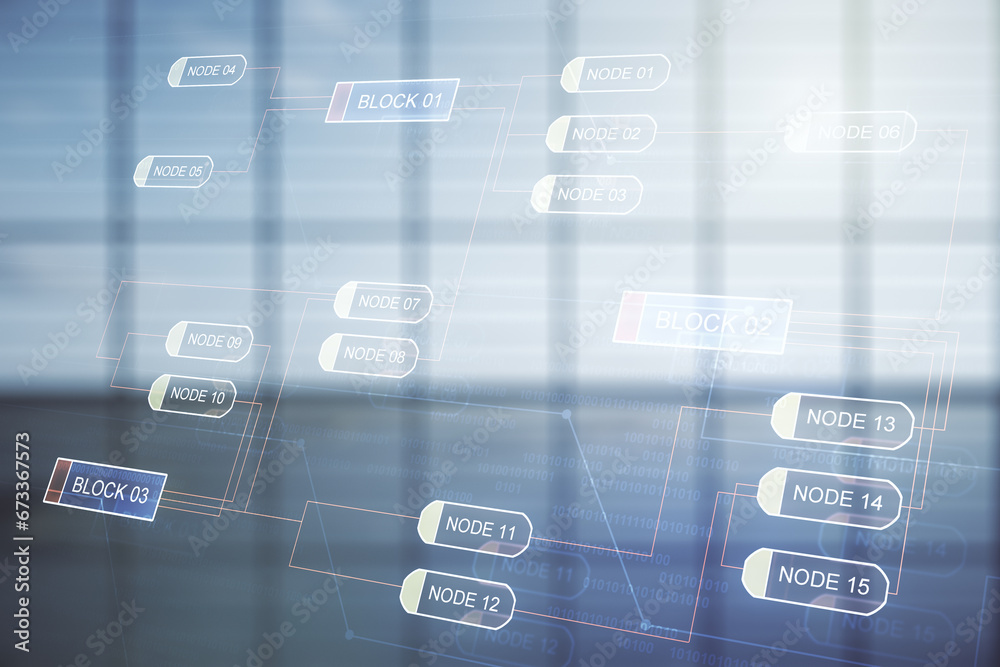 Poster multi exposure of abstract graphic coding sketch on modern interior background, big data and network
