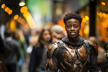 Obraz premium A cheerful young man wearing a futuristic robotic suit stands confidently in a bustling city street, blending high-tech style with urban life.
