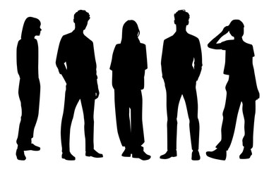 Vector silhouettes of  men and a women, a group of standing   business people, profile, black  color isolated on white background