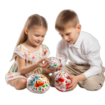 kids painting easter eggs isolated on transparent or white background, png
