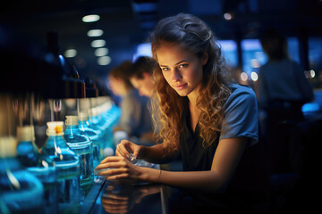 A young female scientist with curly hair attentively conducts an experiment in a modern, illuminated laboratory setting.