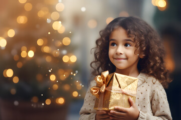 little girl holds gift box on the Christmas tree background