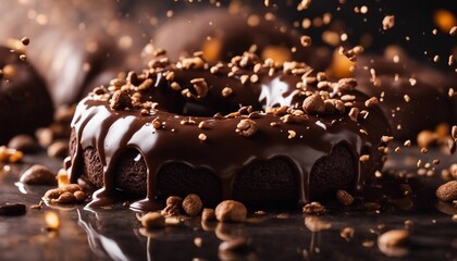 chocolate donut, dark marble background, exploding ingredients  