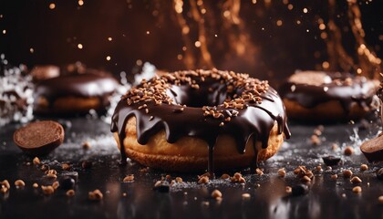 chocolate donut, dark marble background, exploding ingredients

