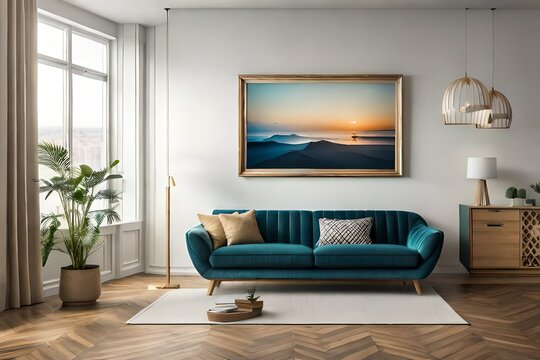 [03/11, 10:18] MÀLÏK HÃMMÄD: A living room with a design gold armchair, velvet sofa, lamp, and picture frames is stylish and attractive. mirror, plants, palm leaves, yellow macrame, and accessories on