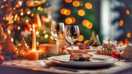 Christmas table setting with candles and wine glasses. Selective focus.