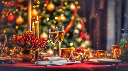 Christmas table setting with two glasses of champagne and Christmas tree on background