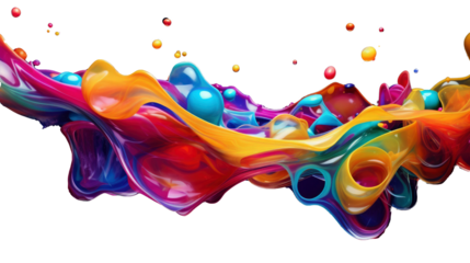Liquid fluently colorful, color splash in rainbow colors and drops, acrylic paint isolated on black background, png