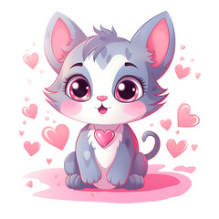 Beautiful cute kawaii kitten on white background. Valentine Kitten. 