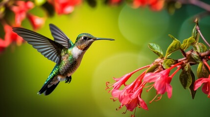 Fototapeta premium A Ruby-throated hummingbird gliding in the air, capturing the sweet nectar from a vibrant flower