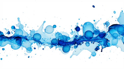 Blue ink, aqua, water bubbles, blows, fluid and drops with transparent design, isolated on white background, png