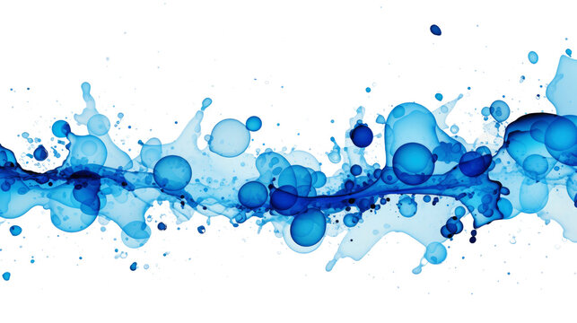 Blue ink, aqua, water bubbles, blows, fluid and drops with transparent design, isolated on white background, png