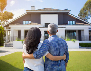 Mature couple embracing in front of their new big modern house, rear view. Buying home of dream. Mortgage loan concept - obrazy, fototapety, plakaty