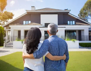Fotobehang Mature couple embracing in front of their new big modern house, rear view. Buying home of dream. Mortgage loan concept © gary