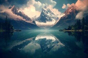 Fototapeta na wymiar Breathtaking mountains mirrored in the lake. Generative AI