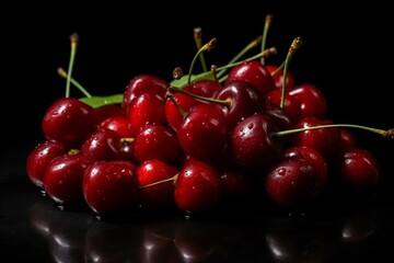 Red cherries on a black background. Generative AI