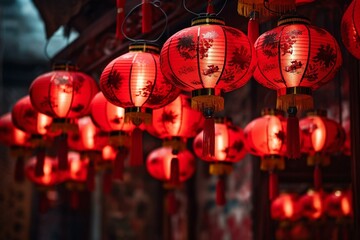 Naklejka premium Classic Chinese lanterns in vibrant red, symbolizing joy and prosperity during Lunar New Year festivities. Generative AI