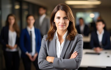 Portrait of a successful businesswoman standing in office with colleagues in background. Happy looking female professional with her arms crossed.