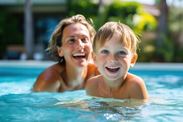 Fototapeta na wymiar close-up Happy mothers with young son swim in a pool of warm clear water on vacation. Satisfied child learns to swim with his mother in the pool