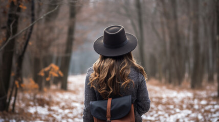 Back view of woman with hat and backpack enjoying winter landscape. Woman standing in winter forest.