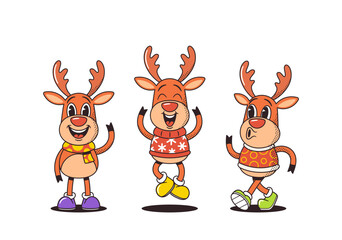 Cartoon Retro Christmas Deer Characters Exude Timeless Charm. Cheerful Reindeer Personages donning Vintage Sweaters