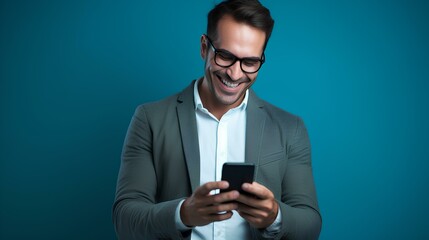 Handsome entrepreneur wearing eyeglasses and reading good news over smart phone over blue background. generative AI