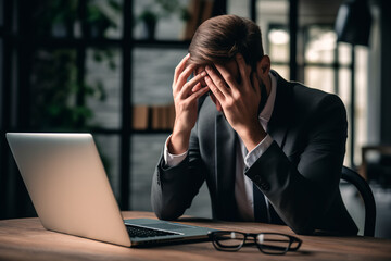 A distressed businessman in his office, holding his head, struggling with overwork, stress, or job loss. Bright image. 