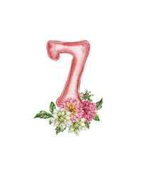 Watercolor hand drawn numbers and flowers composition. Illustration of a numbers. Perfect for scrapbooking, kids design, wedding invitation, posters, greetings cards, party decoration.
