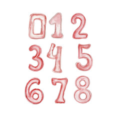 Watercolor hand drawn pink numbers. Illustration of a numbers. Perfect for scrapbooking, kids design, wedding invitation, posters, greetings cards, party decoration.