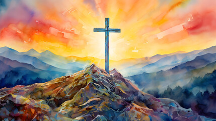 Cross on mountain peak at sunrise, watercolor style - obrazy, fototapety, plakaty