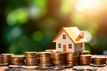 Mini house on a stack of coins, symbolizing property investment, income, tax, and passive income.  - obrazy, fototapety, plakaty
