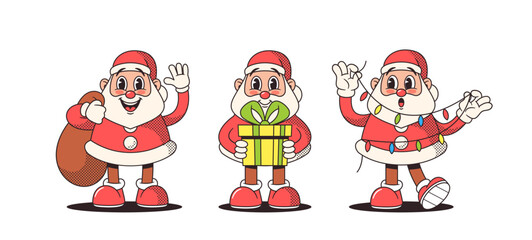 Retro-style Santa Claus Characters, In Vibrant, Classic Red Suits, Bear Festive Gifts and Garland. Vector Illustration