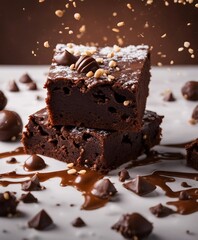 delicious brownie, exploding and chocolate splash
