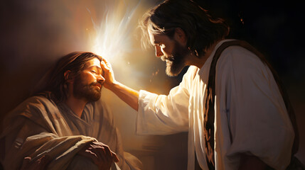 Jesus Christ healing a person with a touch of light - obrazy, fototapety, plakaty
