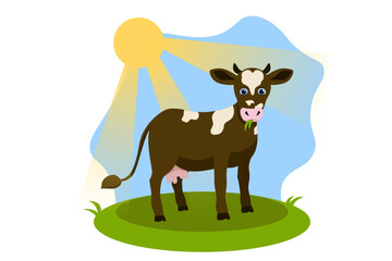 Vector farm animal - an adult big brown cow stands sideways on a clearing in a cartoon style