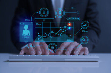 person touching on holographic to plan his work about customer services , smart work