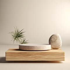 Minimalist display with a marble egg and potted plant on wood podium. Template for product showcase in a podium